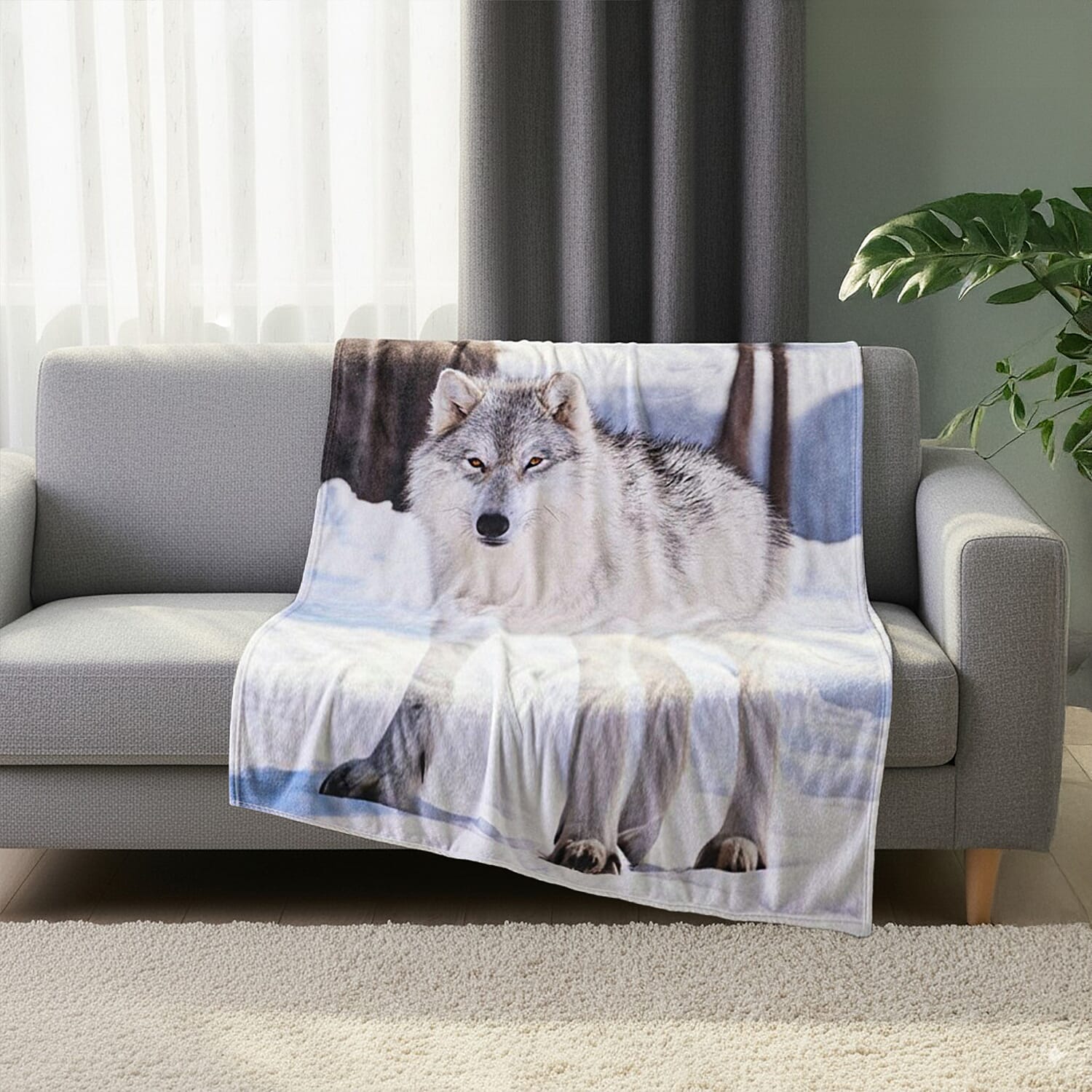 NEW Digital Printed Wolf Blanket (Size 200x150 cm) - Black Grey & White
