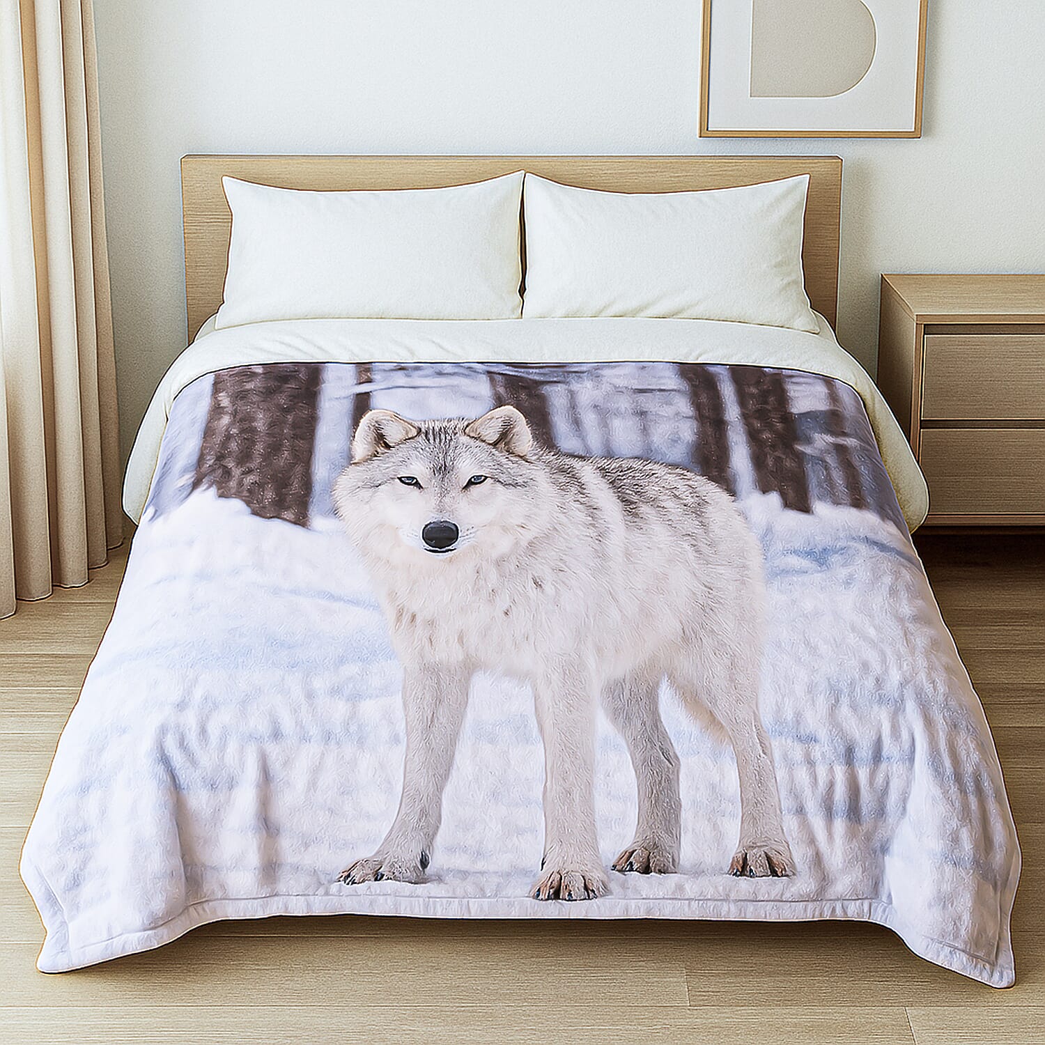 NEW Digital Printed Wolf Blanket (Size 200x150 cm) - Black Grey & White