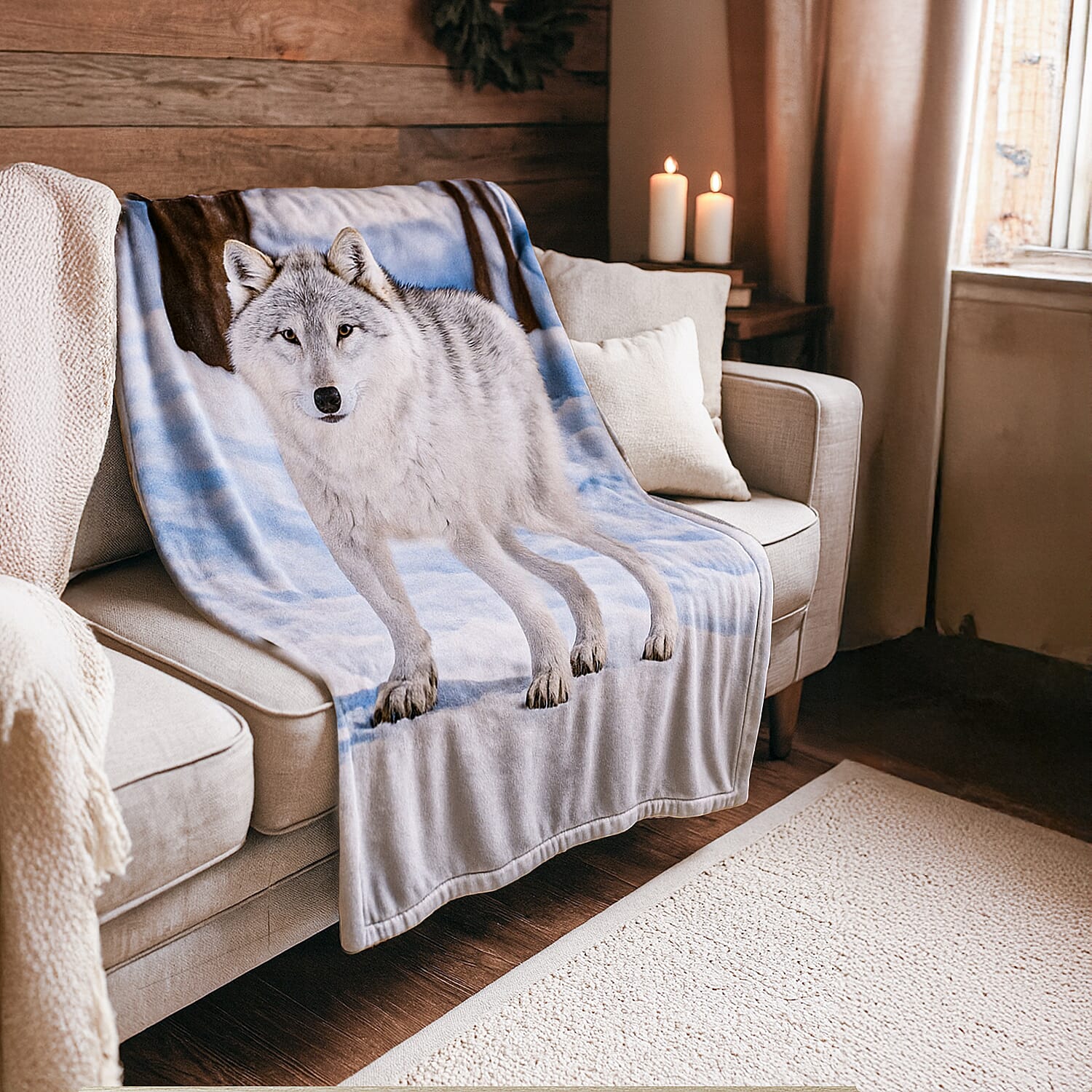 NEW Digital Printed Wolf Blanket (Size 200x150 cm) - Black Grey & White
