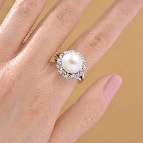 AAA Edison Pearl (11-12 MM) & Moissanite Ring in Rhodium Overlay Sterling Silver