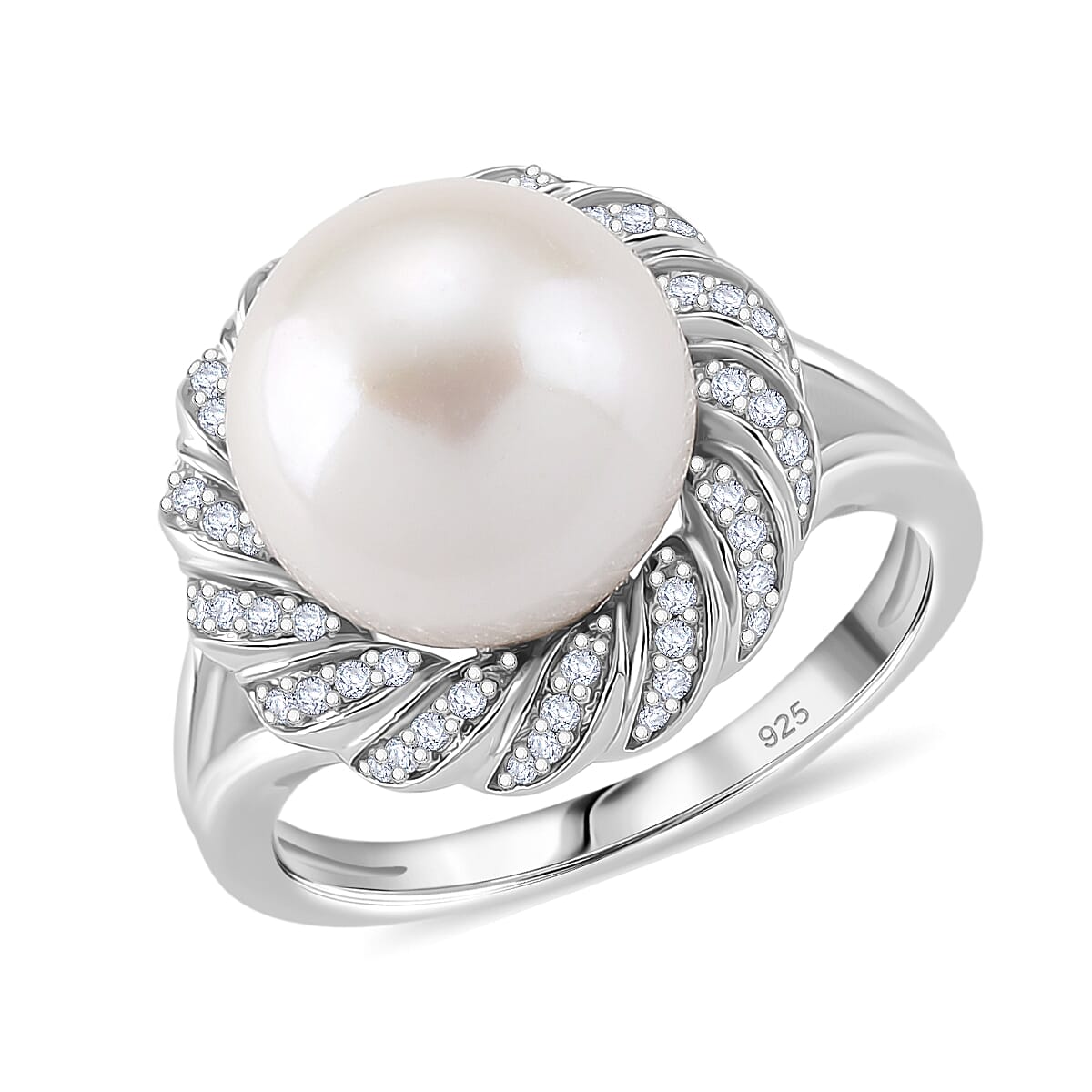 AAA White Edison Pearl (11-12 MM) & Moissanite Ring in Rhodium Overlay Sterling Silver 10.63 Ct. Size L