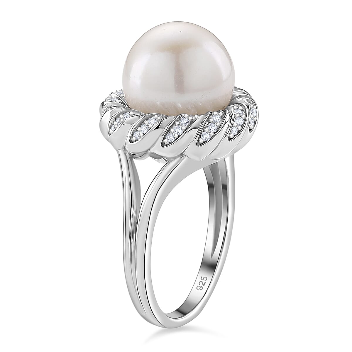AAA White Edison Pearl (11-12 MM) & Moissanite Ring in Rhodium Overlay Sterling Silver 10.63 Ct. Size L