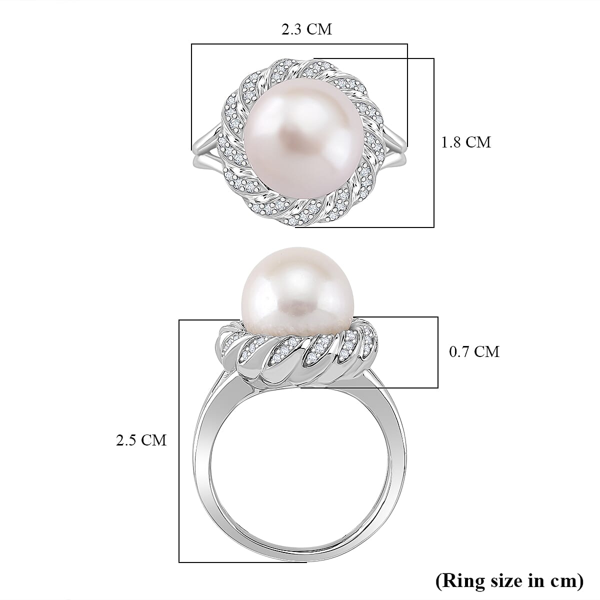 AAA White Edison Pearl (11-12 MM) & Moissanite Ring in Rhodium Overlay Sterling Silver 10.63 Ct. Size L