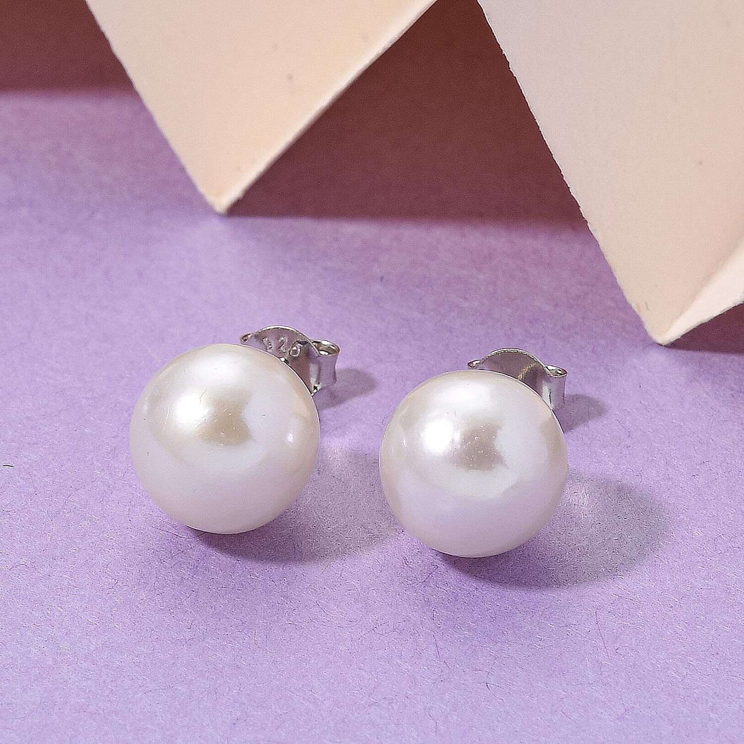 AAA White Edison Pearl Earring with Push Back in Rhodium Overlay Sterling Silver 16.48 Ct.