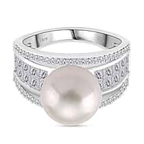 White Edison Pearl (11-12mm), Moissanite Ring in Rhodium Overlay Sterling Silver 11.57 Ct.