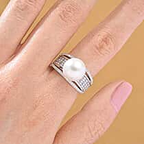 White Edison Pearl (11-12mm), Moissanite Ring in Rhodium Overlay Sterling Silver 11.57 Ct.