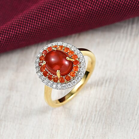 First Time Ever - Fire Opal Cabochon (1.43ct Centre) & Moissanite Ring in 18K YG Vermeil Sterling Silver 1.96 Ct.