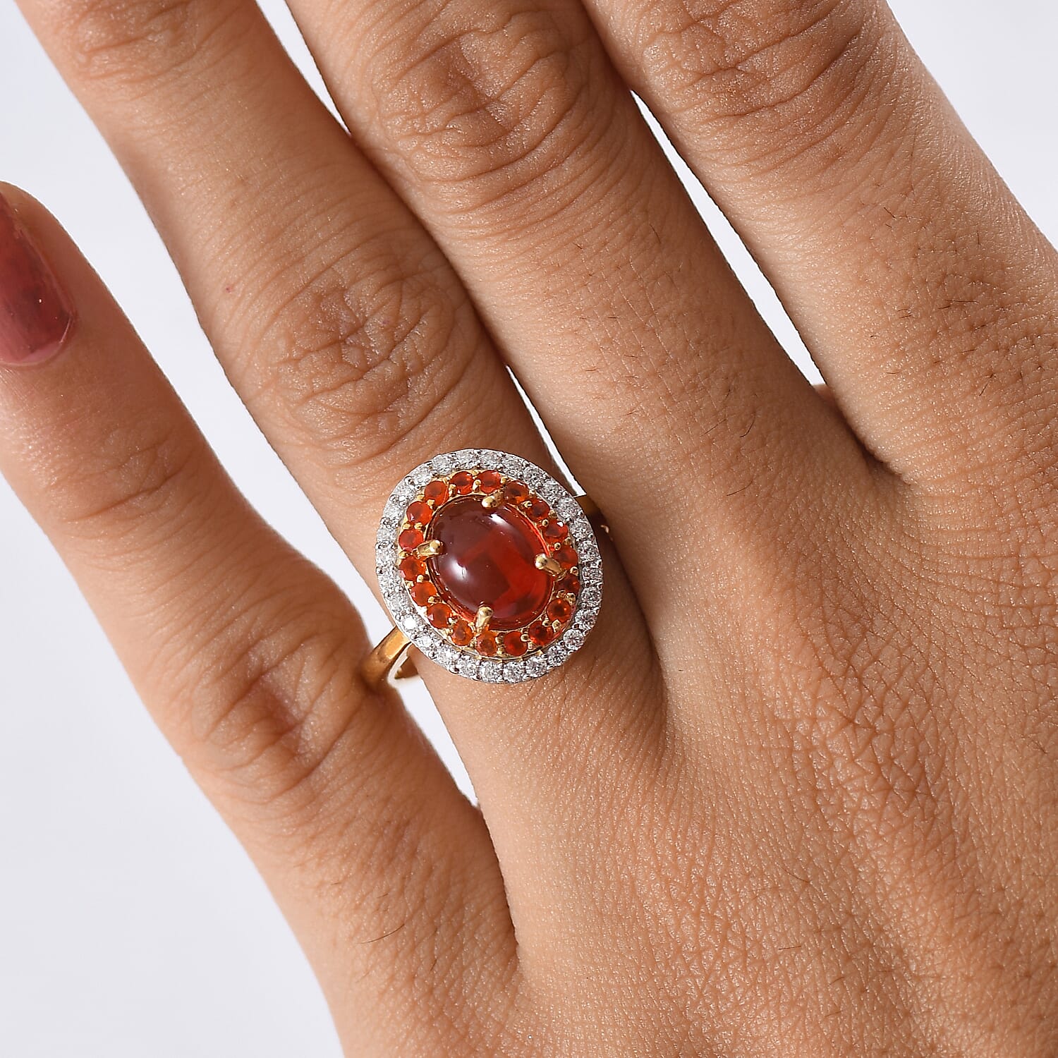 First Time Ever - Fire Opal Cabochon (1.43ct Centre) & Moissanite Ring in 18K YG Vermeil Sterling Silver 1.96 Ct.