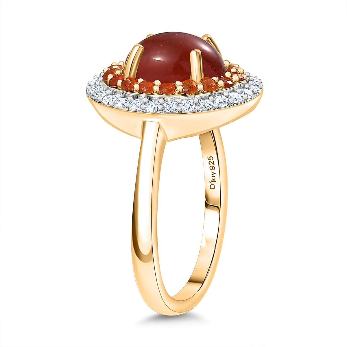 First Time Ever - Fire Opal Cabochon (1.43ct Centre) & Moissanite Ring in 18K YG Vermeil Sterling Silver 1.96 Ct.