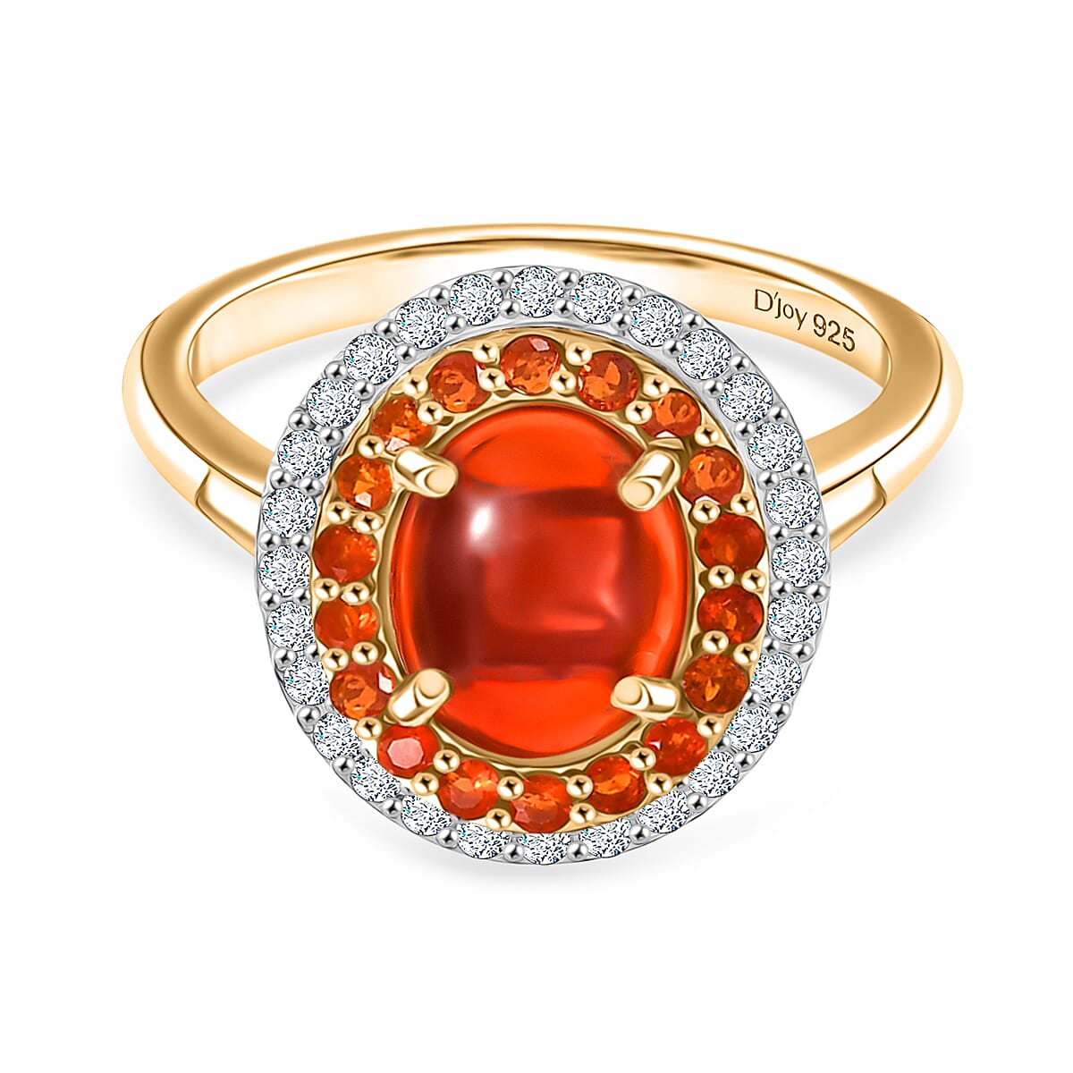 Fire Opal Cabochon (1.43ct Centre) & Moissanite Ring in 18K YG Vermeil Sterling Silver 1.96 Ct.