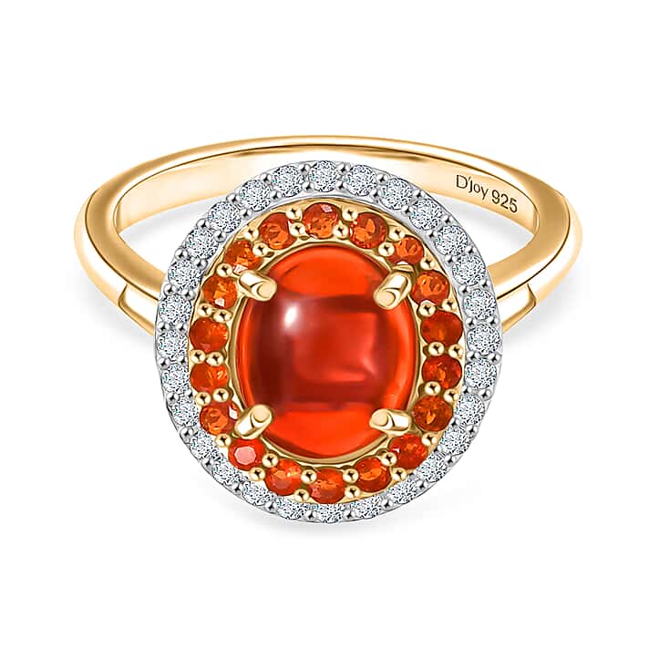 Fire Opal Cabochon (1.43ct Centre) & Moissanite Ring in 18K YG Vermeil Sterling Silver 1.96 Ct.