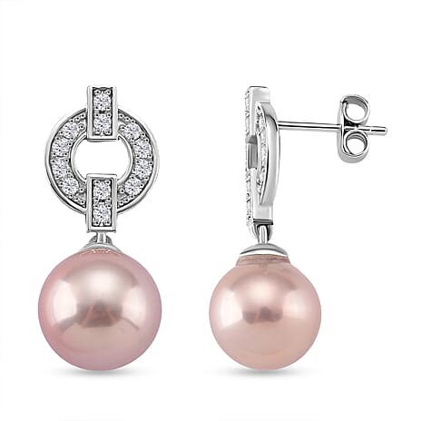 AAA Multi Color Edison Pearl (10-11MM) & White Zircon Earring with Push Back in Rhodium Overlay Sterling Silver 16.56 Ct.