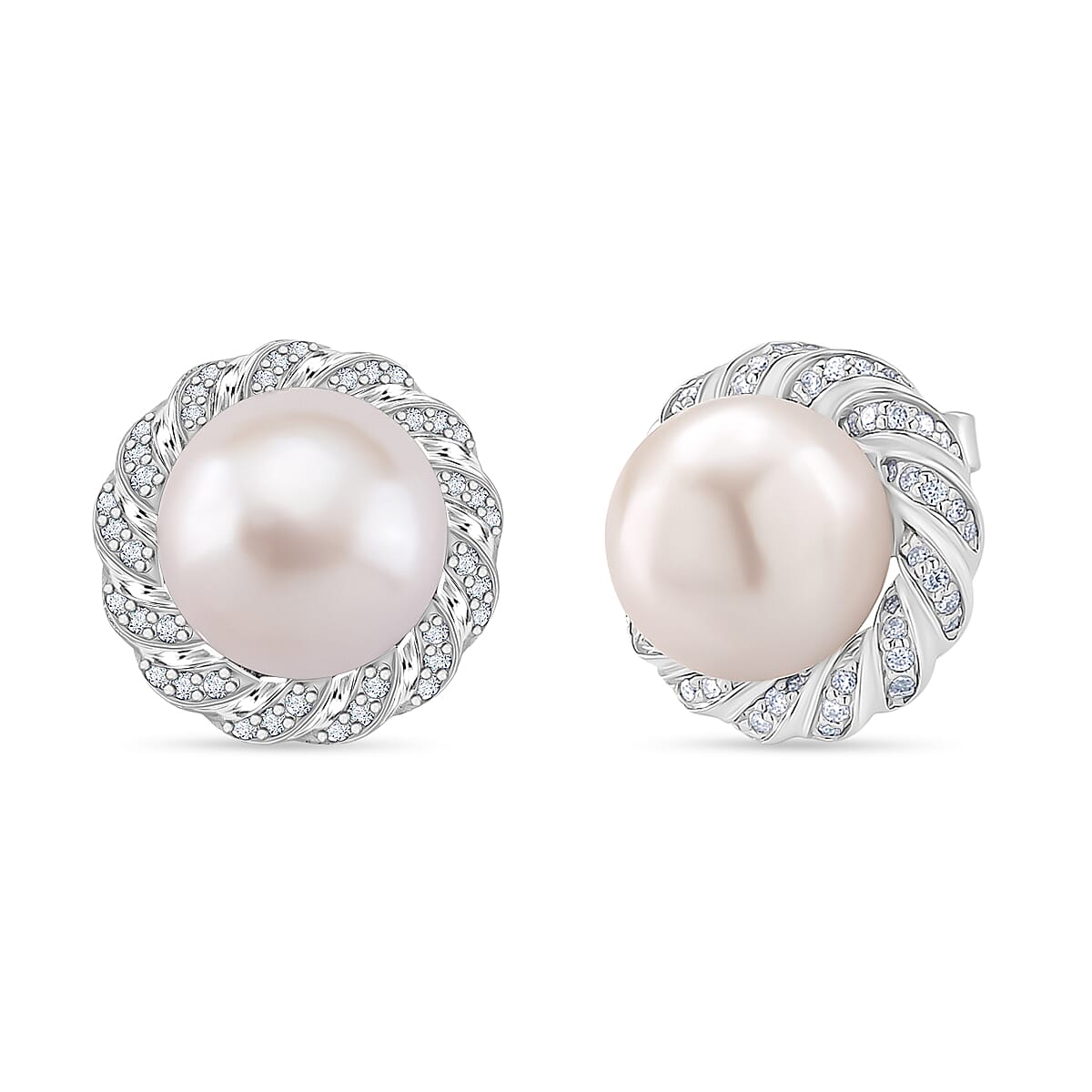AAA White Edison Pearl (10-11MM) & Moissanite Solitaire Stud Push Back Earring in Rhodium Overlay Sterling Silver 15.57 Ct.