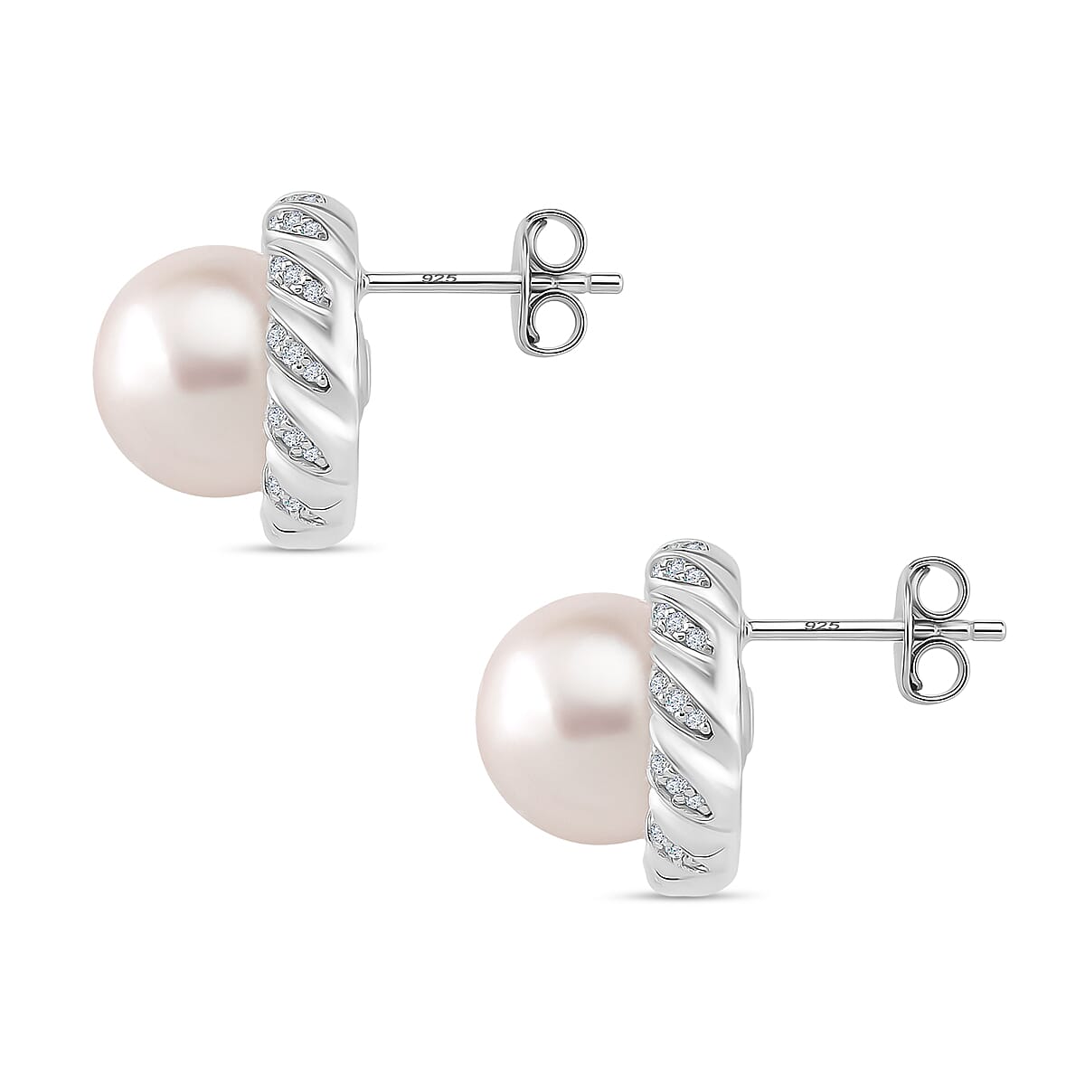 AAA White Edison Pearl (10-11MM) & Moissanite Solitaire Stud Push Back Earring in Rhodium Overlay Sterling Silver 15.57 Ct.