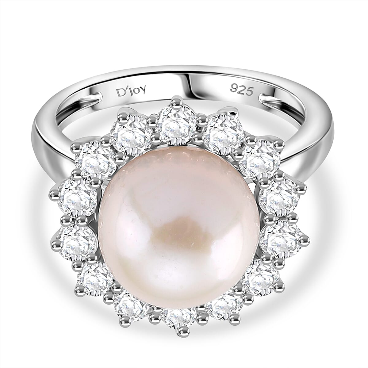 AAA White Edison Pearl (11-12 MM) & Natural Zircon Solitaire Ring in Rhodium Overlay Sterling Silver 11.83 Ct.