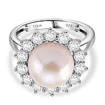 AAA White Edison Pearl (11-12 MM) & Natural Zircon Solitaire Ring in Rhodium Overlay Sterling Silver 11.83 Ct.