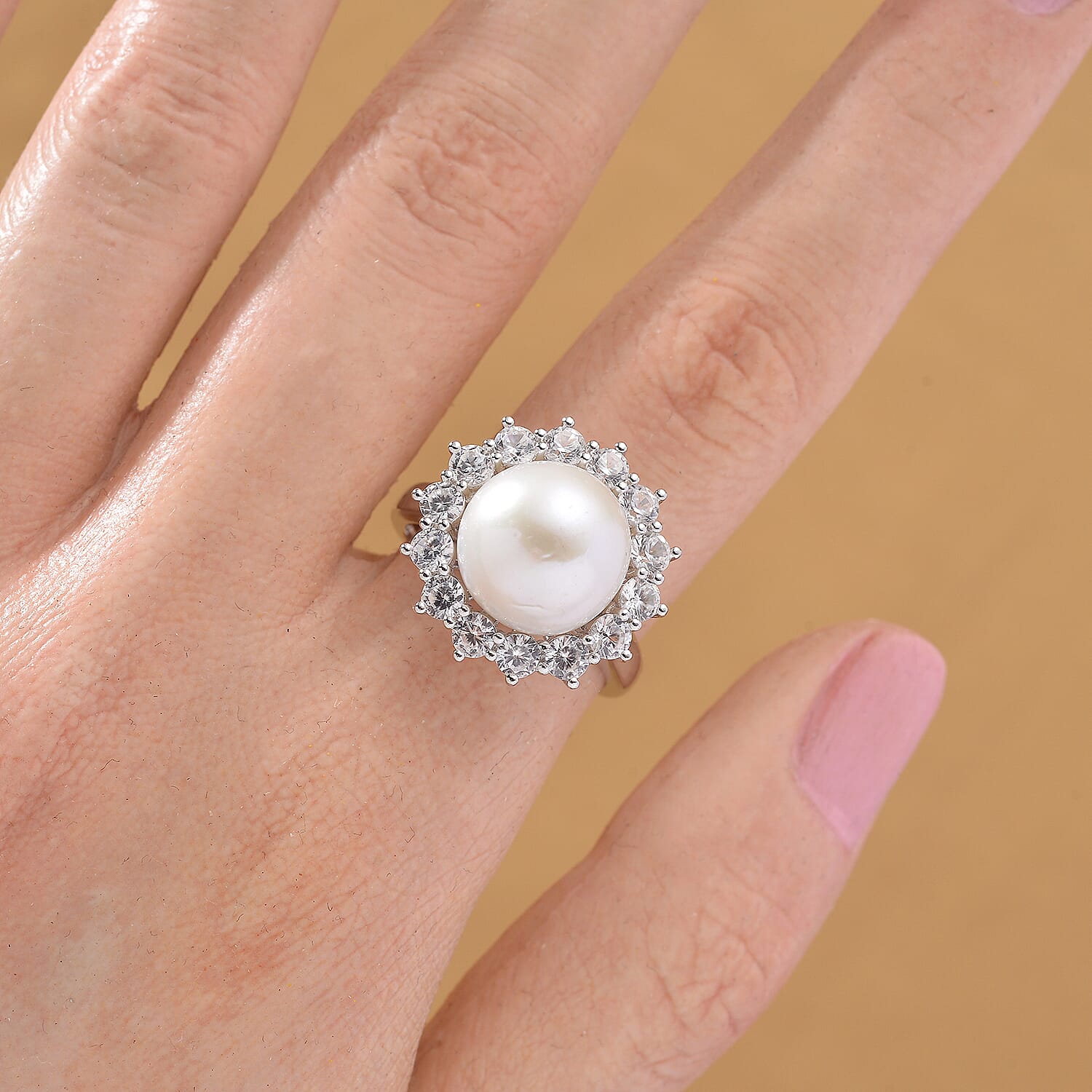 AAA White Edison Pearl (11-12 MM) & Natural Zircon Solitaire Ring in Rhodium Overlay Sterling Silver 11.83 Ct.