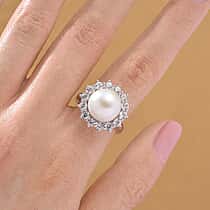 AAA White Edison Pearl (11-12 MM) & Natural Zircon Solitaire Ring in Rhodium Overlay Sterling Silver 11.83 Ct.