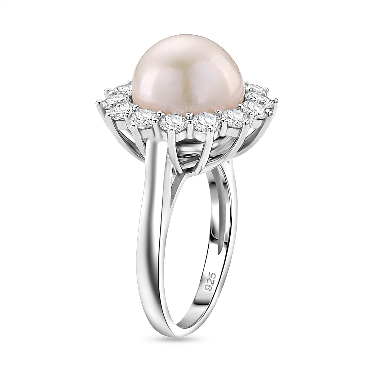AAA White Edison Pearl (11-12 MM) & Natural Zircon Solitaire Ring in Rhodium Overlay Sterling Silver 11.83 Ct.