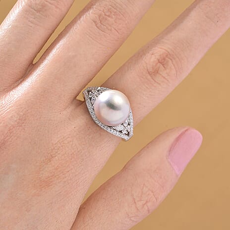 Edison Pearl & Moissanite Ring in Rhodium Overlay Sterling Silver 10.75 Ct.