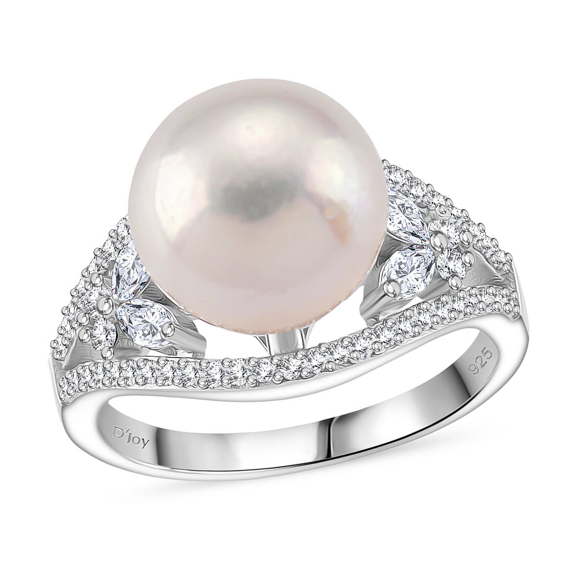 Edison Pearl(11â€“12 MM), Moissanite Ring in Rhodium Overlay Sterling Silver 10.75 Ct.