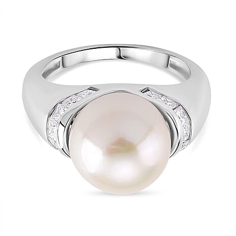 AAA White Edison Pearl & Moissanite Ring in Rhodium Overlay Sterling Silver 10.85 Ct.
