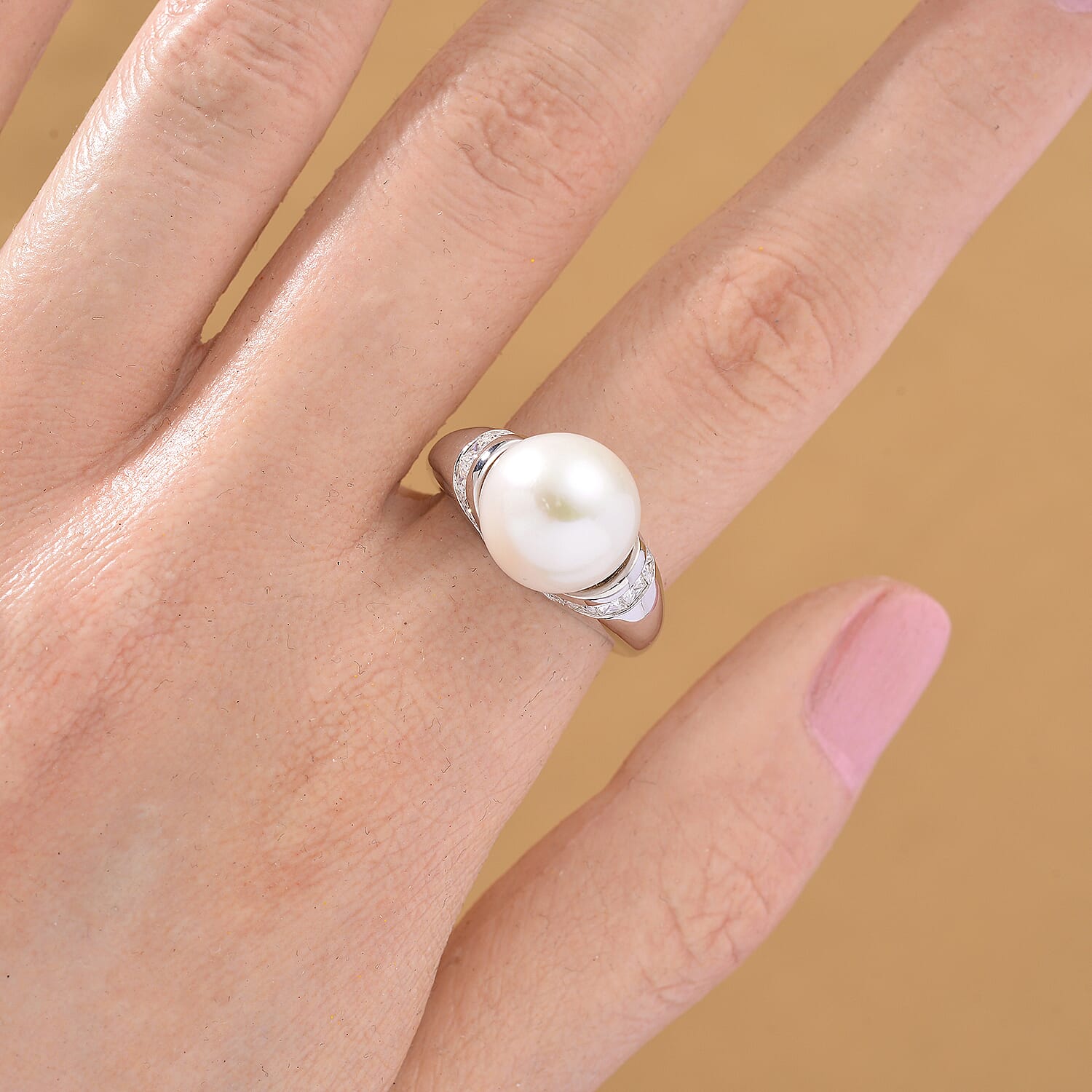AAA White Edison Pearl & Moissanite Ring in Rhodium Overlay Sterling Silver 10.85 Ct.
