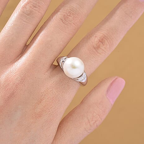 AAA White Edison Pearl & Moissanite Ring in Rhodium Overlay Sterling Silver 10.85 Ct.
