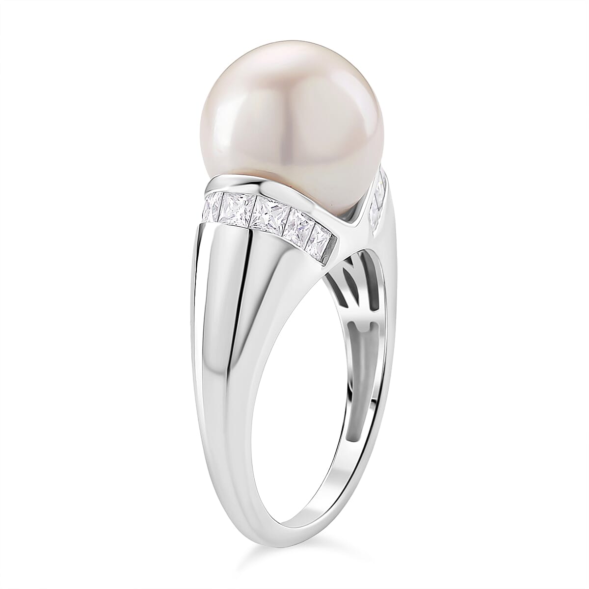 AAA White Edison Pearl & Moissanite Ring in Rhodium Overlay Sterling Silver 10.85 Ct.
