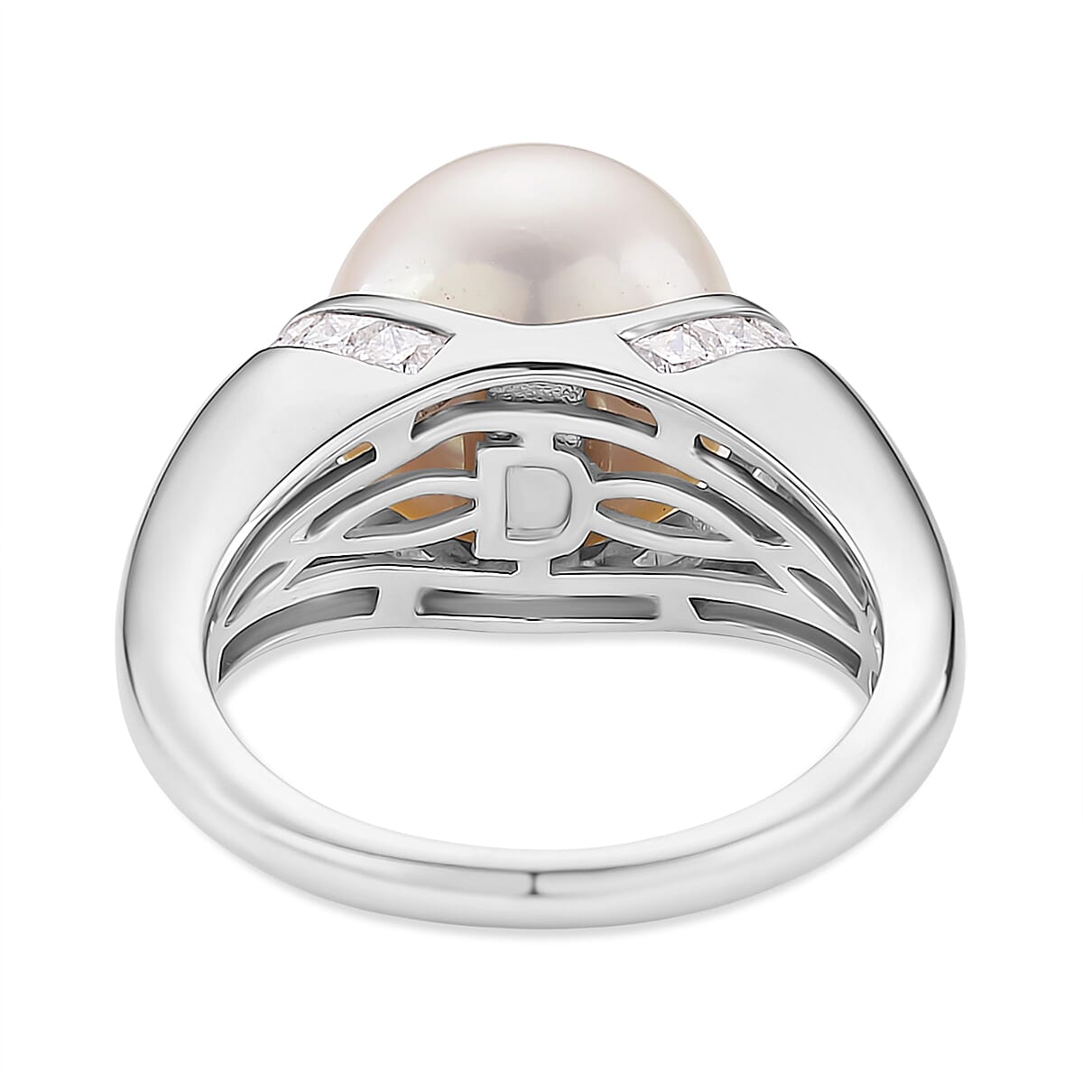AAA White Edison Pearl & Moissanite Ring in Rhodium Overlay Sterling Silver 10.85 Ct.