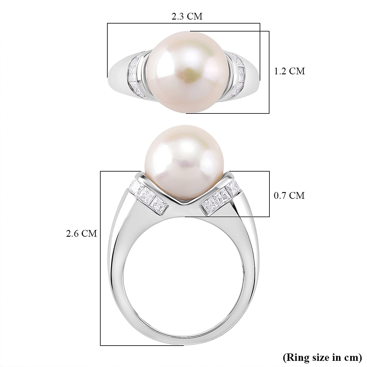 AAA White Edison Pearl & Moissanite Ring in Rhodium Overlay Sterling Silver 10.85 Ct.