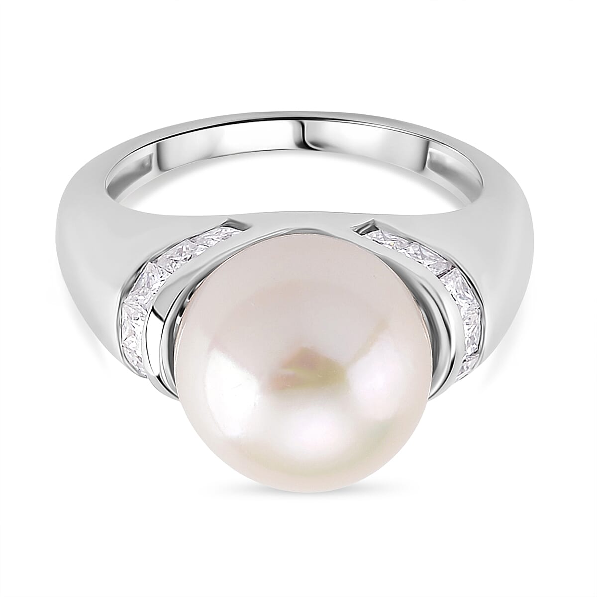 D'Joy AAA White Edison Pearl (11â€“12 MM), Moissanite Ring in Rhodium Overlay Sterling Silver 10.85 Ct.