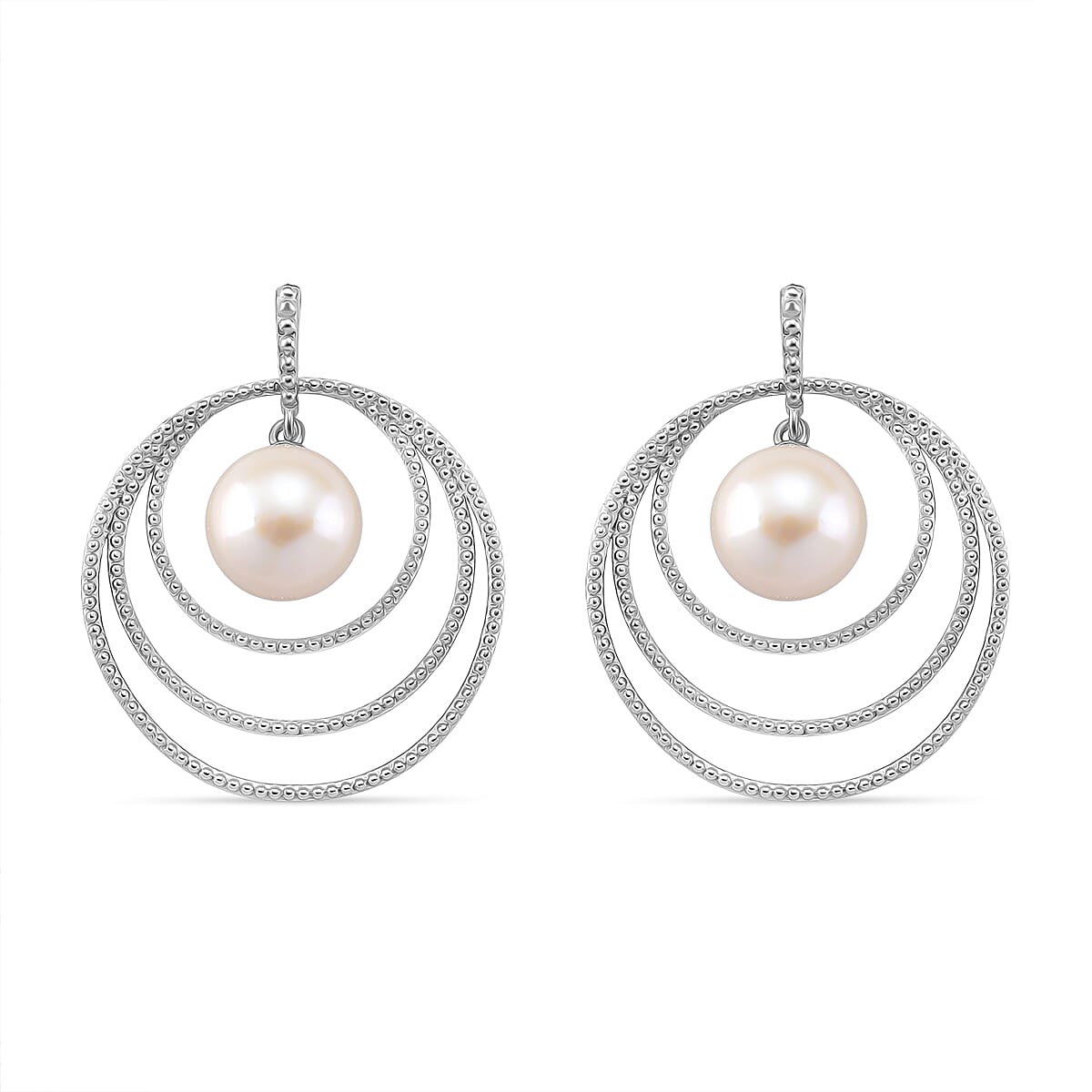 White Edison Pearl Earring with Push Back in Rhodium Overlay Sterling Silver 15.22 Ct, Silver Wt. 5.50 Gms.