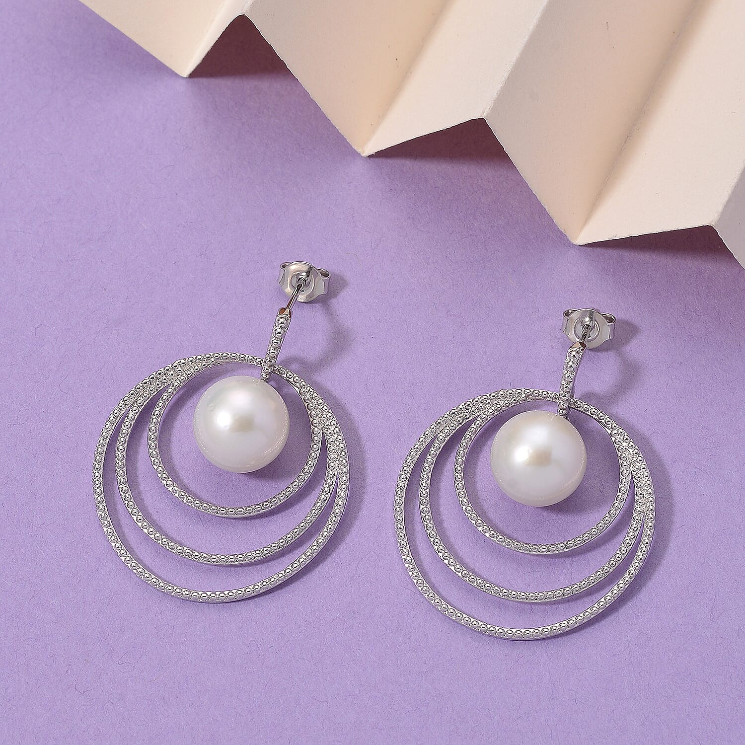 White Edison Pearl Earring with Push Back in Rhodium Overlay Sterling Silver 15.22 Ct, Silver Wt. 5.50 Gms.