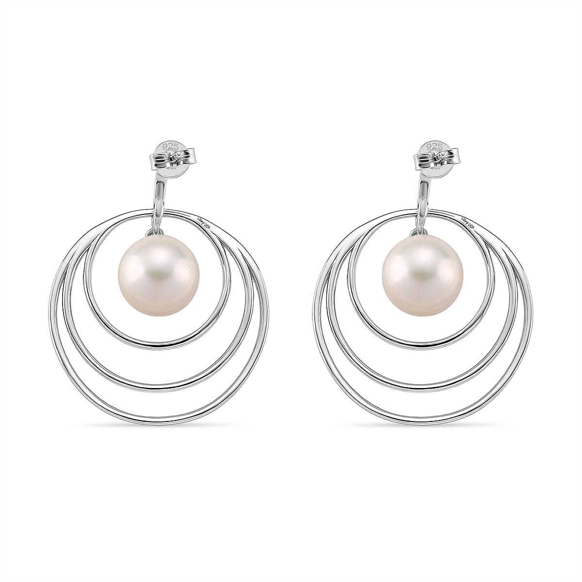 White Edison Pearl Earring with Push Back in Rhodium Overlay Sterling Silver 15.22 Ct, Silver Wt. 5.50 Gms.