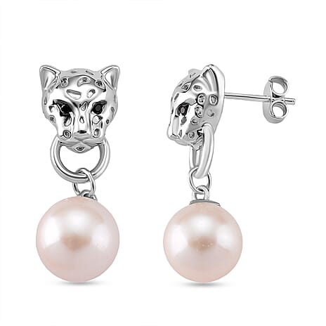 White Edison Pearl & Black Spinel Earring with Push Back in Rhodium Overlay Sterling Silver 15.26 Ct, Silver Wt. 7.50 Gms.