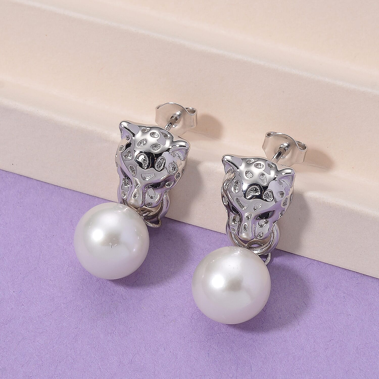 White Edison Pearl & Black Spinel Earring with Push Back in Rhodium Overlay Sterling Silver 15.26 Ct, Silver Wt. 7.50 Gms.