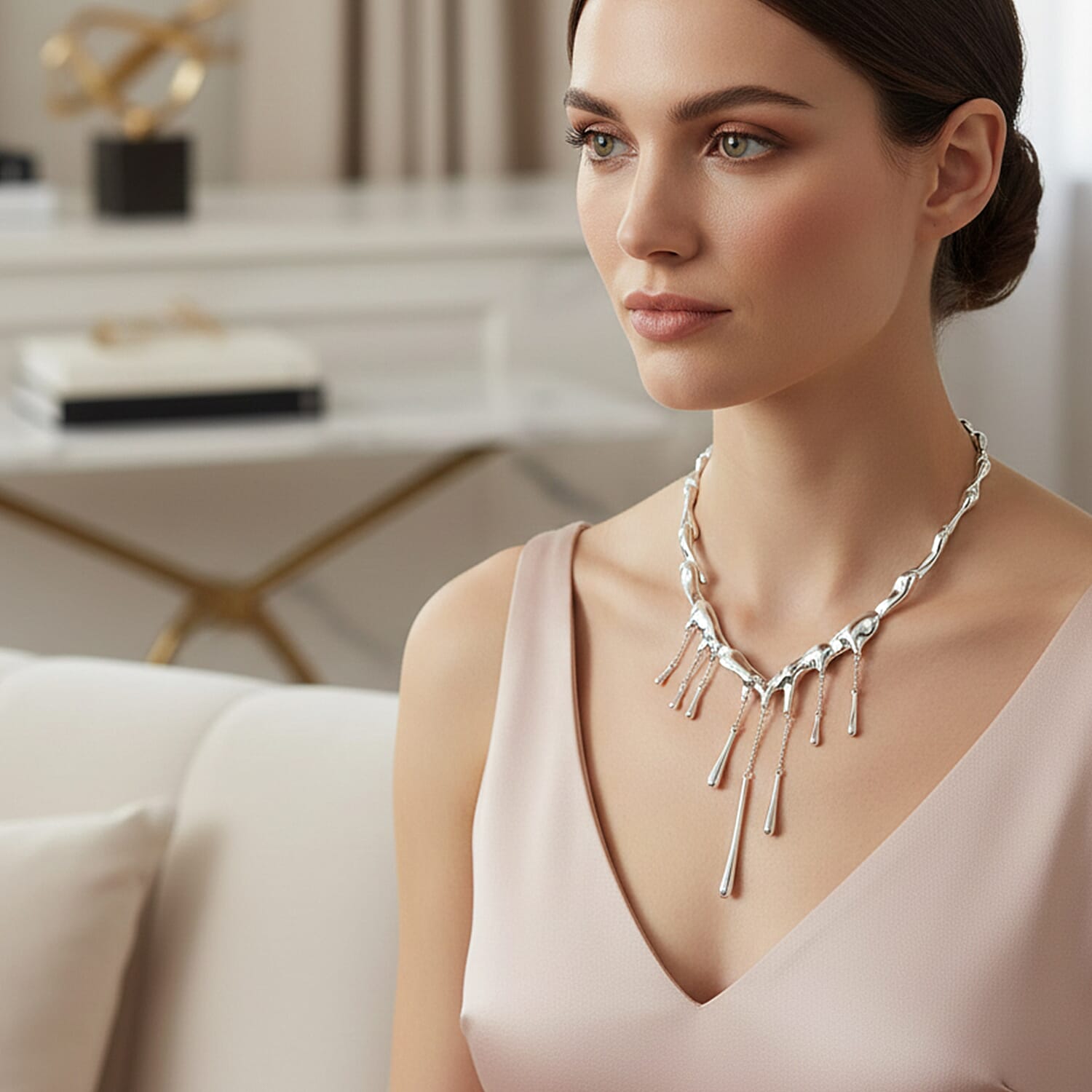 Lucy Q Iconic Catwalk Collection - Drip Necklace (Size 16-4 EXT) with Lobster Clasp in Rhodium Overlay Sterling Silver Silver Wt. 50.00 Gms.