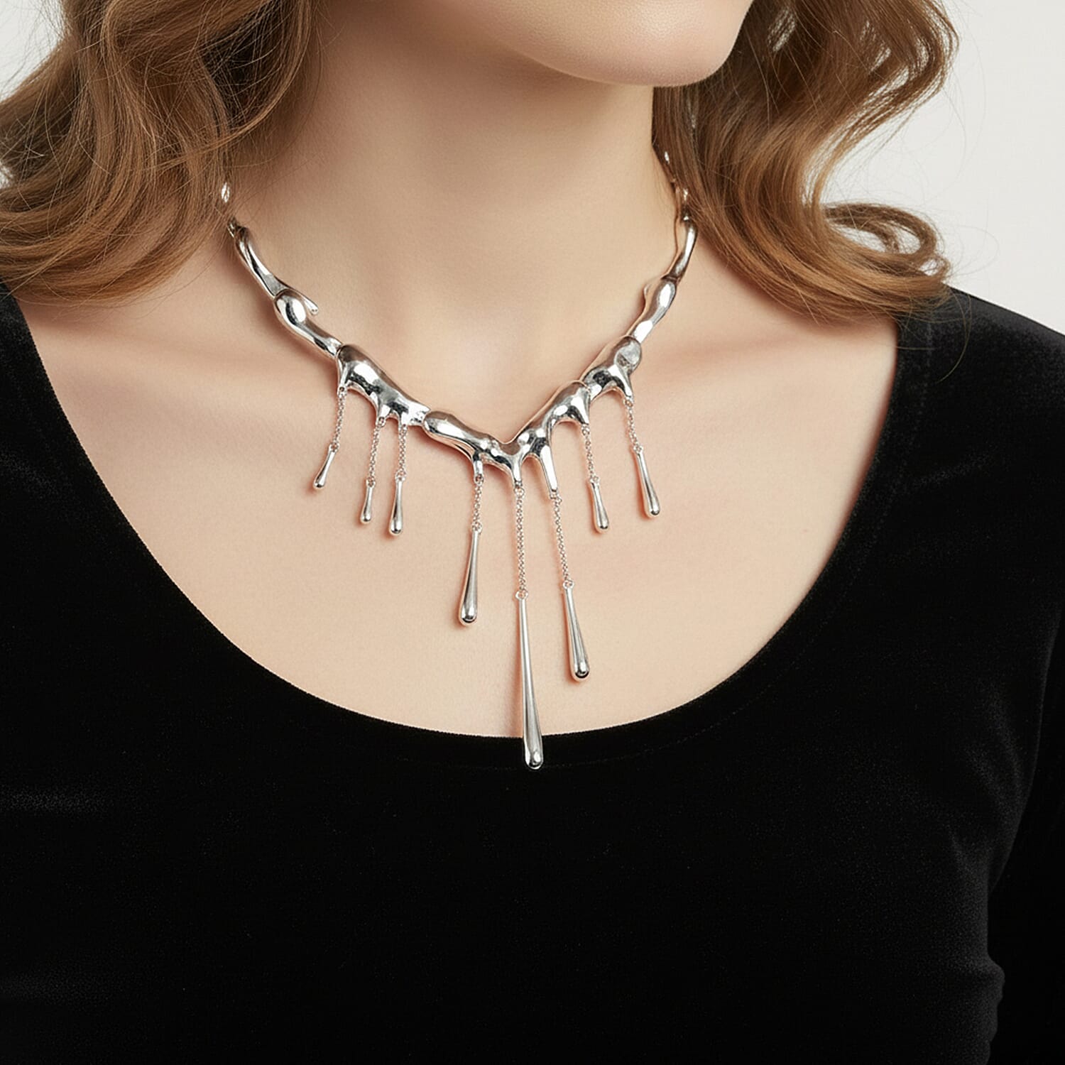 Lucy Q Iconic Catwalk Collection - Drip Necklace (Size 16-4 EXT) with Lobster Clasp in Rhodium Overlay Sterling Silver Silver Wt. 50.00 Gms.