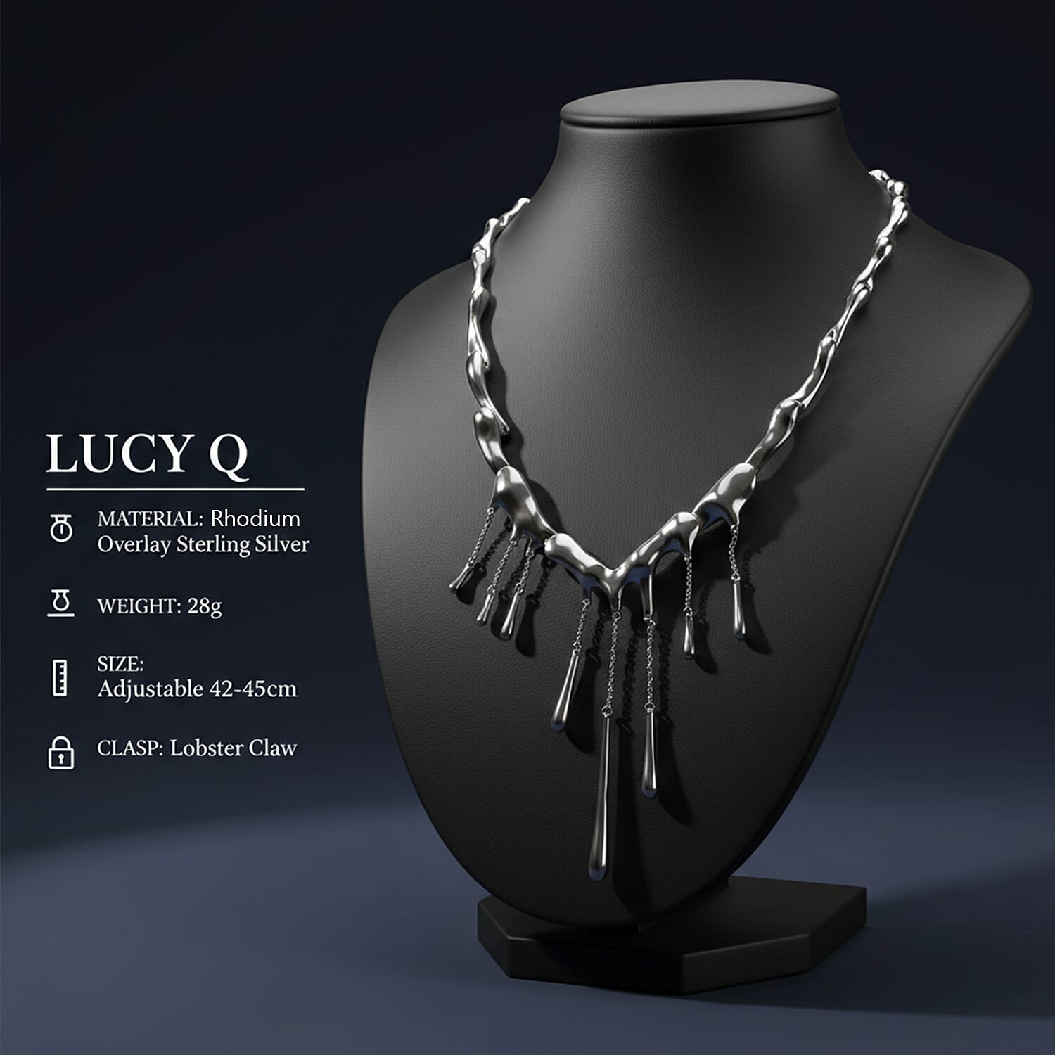 Lucy Q Iconic Catwalk Collection - Drip Necklace (Size 16-4 EXT) with Lobster Clasp in Rhodium Overlay Sterling Silver Silver Wt. 50.00 Gms.