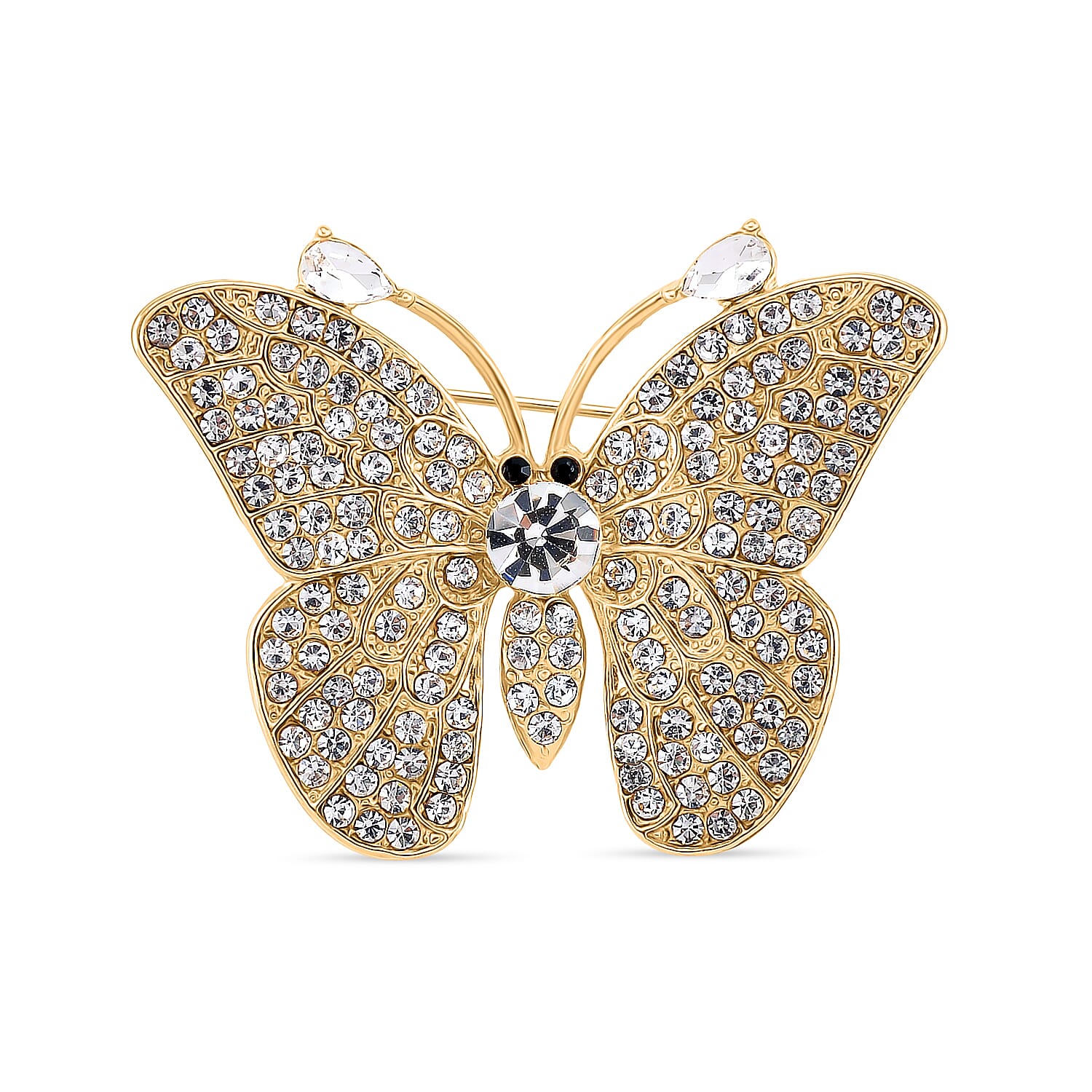 Austrian Black & White Crystal Butterfly Brooch in Yellow Gold Colour Tone