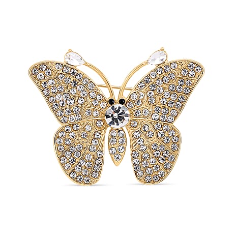 Austrian Black & White Crystal Butterfly Brooch in Yellow Gold Colour Tone