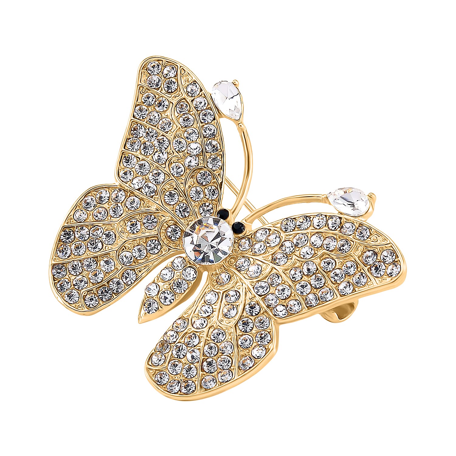 Austrian Black & White Crystal Butterfly Brooch in Yellow Gold Colour Tone