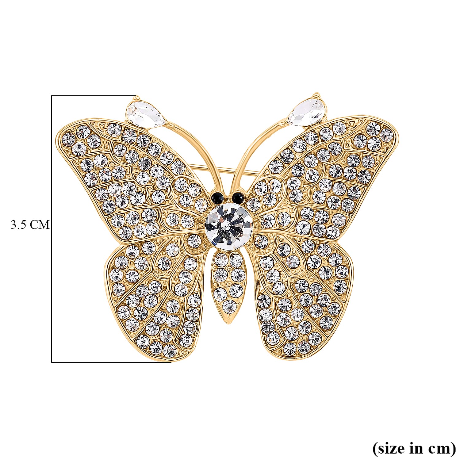 Austrian Black & White Crystal Butterfly Brooch in Yellow Gold Colour Tone
