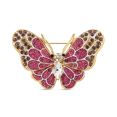 Austrian Multi Colour Crystal Butterfly Brooch in Yellow Gold Colour Tone