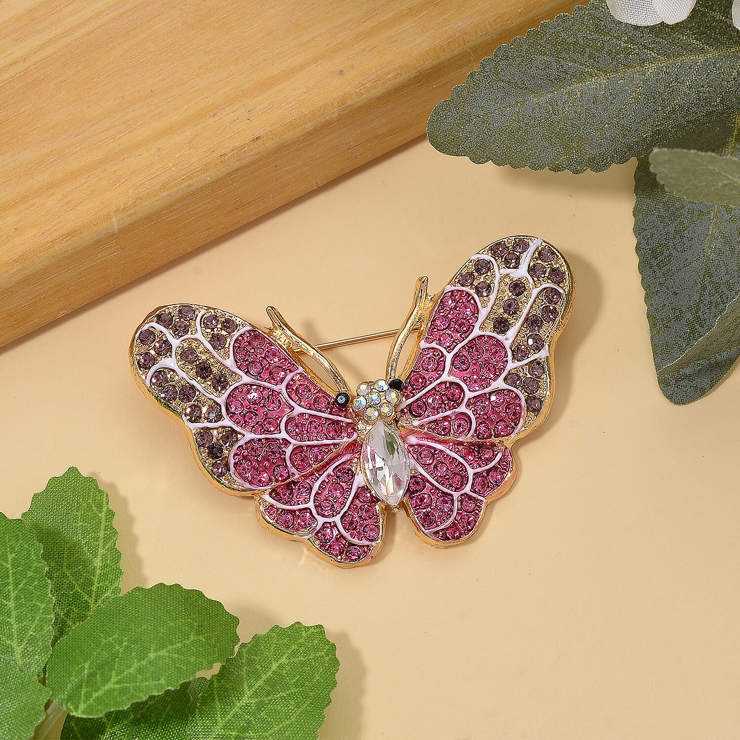 Austrian Multi Colour Crystal Butterfly Brooch in Yellow Gold Colour Tone