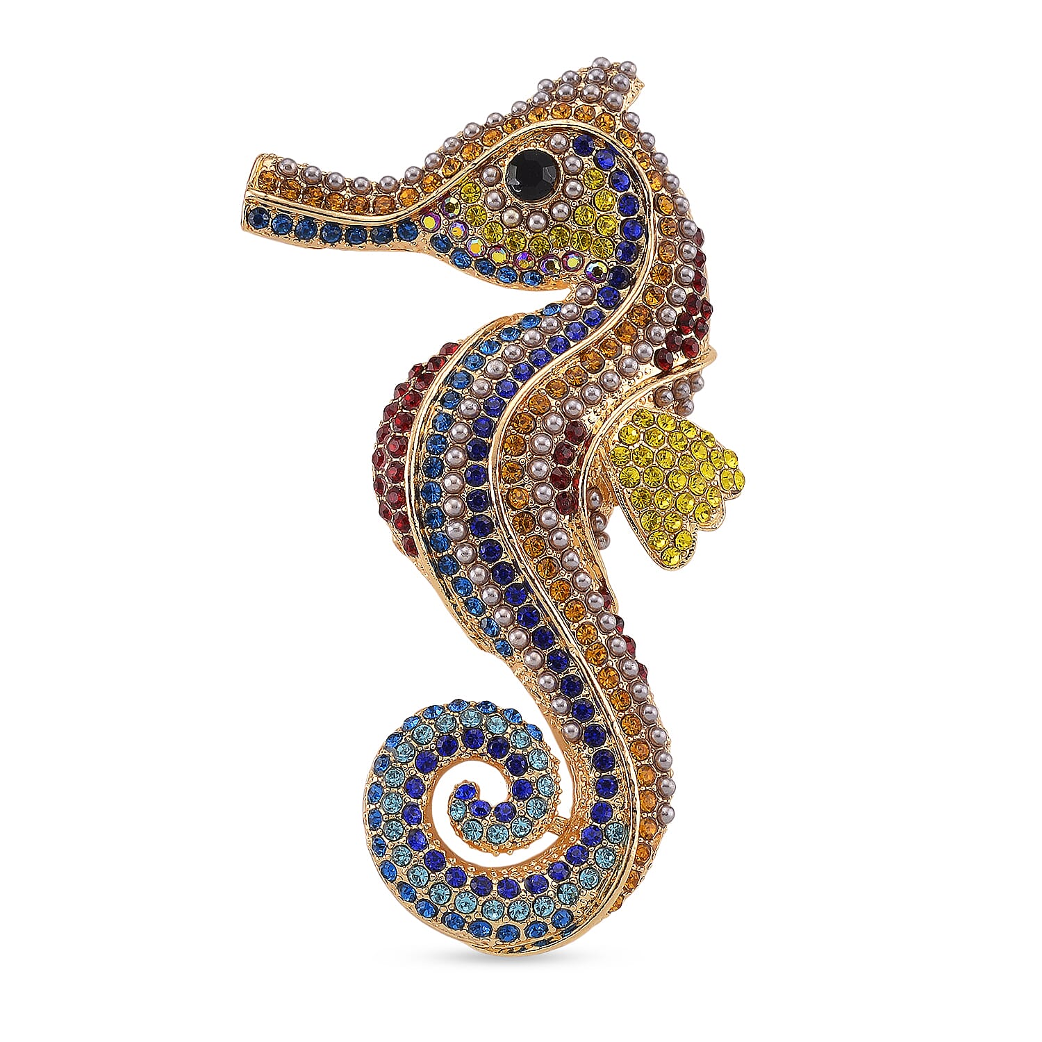 Austrian Multi Color Crystal & Plastic Pearl Seahorse Brooch in Yellow Gold Colour Tone