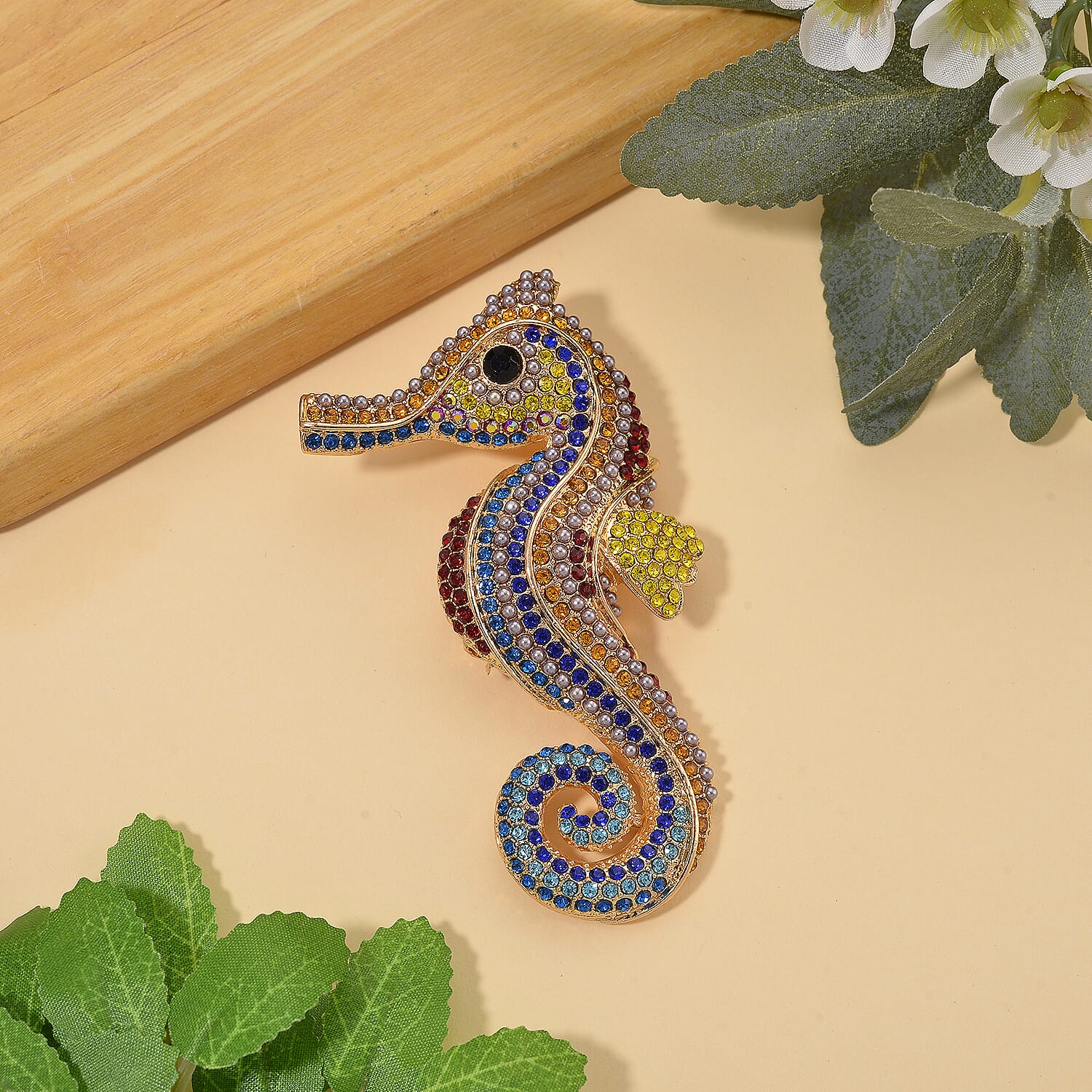 Austrian Multi Color Crystal & Plastic Pearl Seahorse Brooch in Yellow Gold Colour Tone