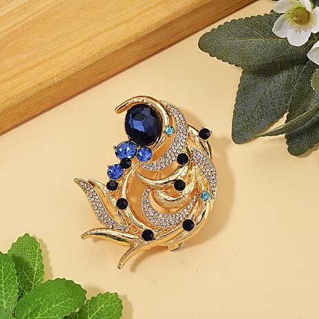 Austrian Blue & White Crystal Brooch in Yellow Gold Colour Tone
