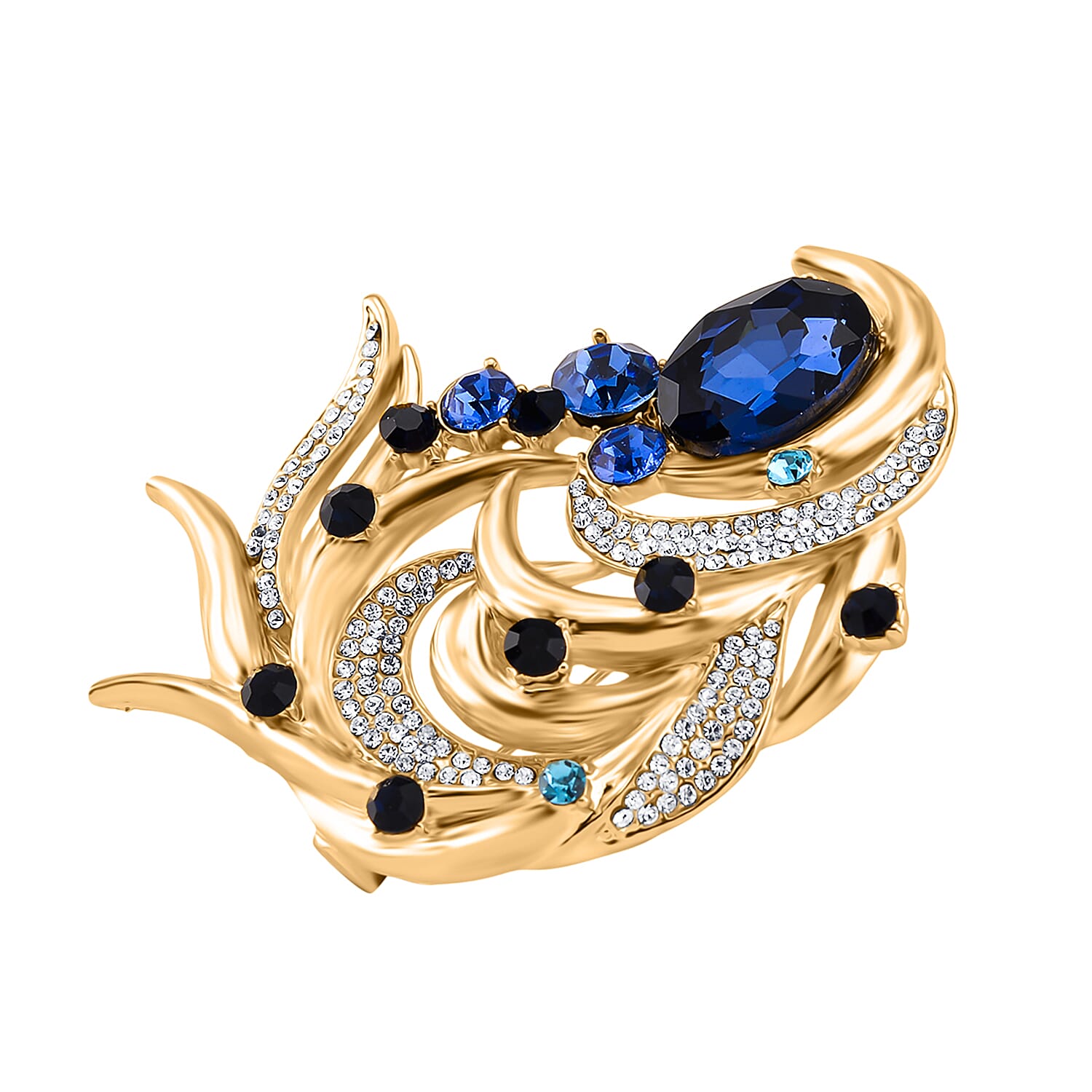 Austrian Blue & White Crystal Brooch in Yellow Gold Colour Tone